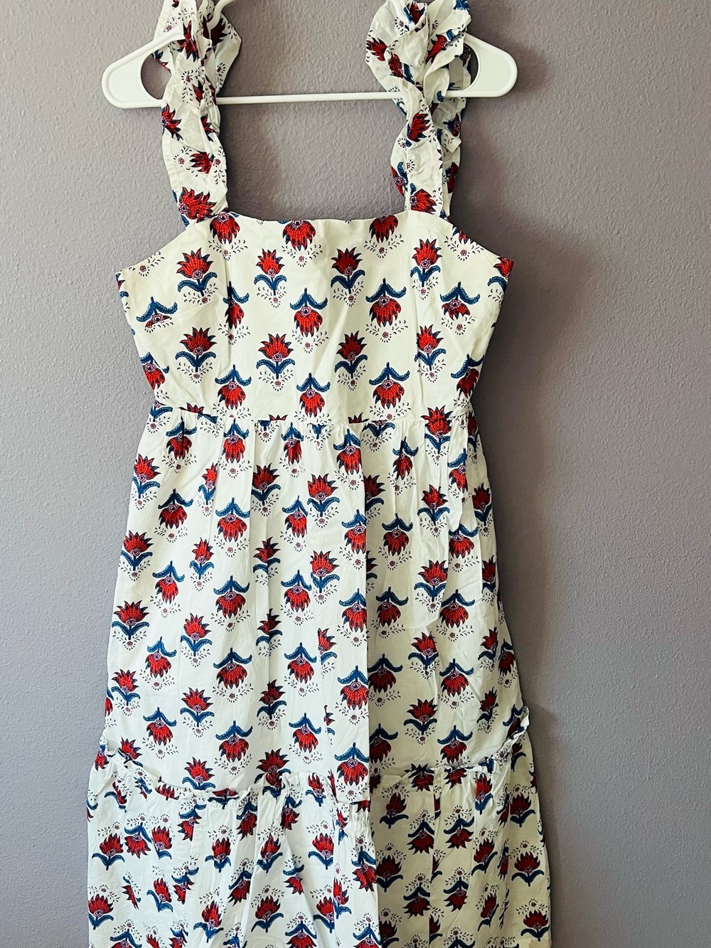 J. Crew White Midi Dress with Red and Blue Floral Print